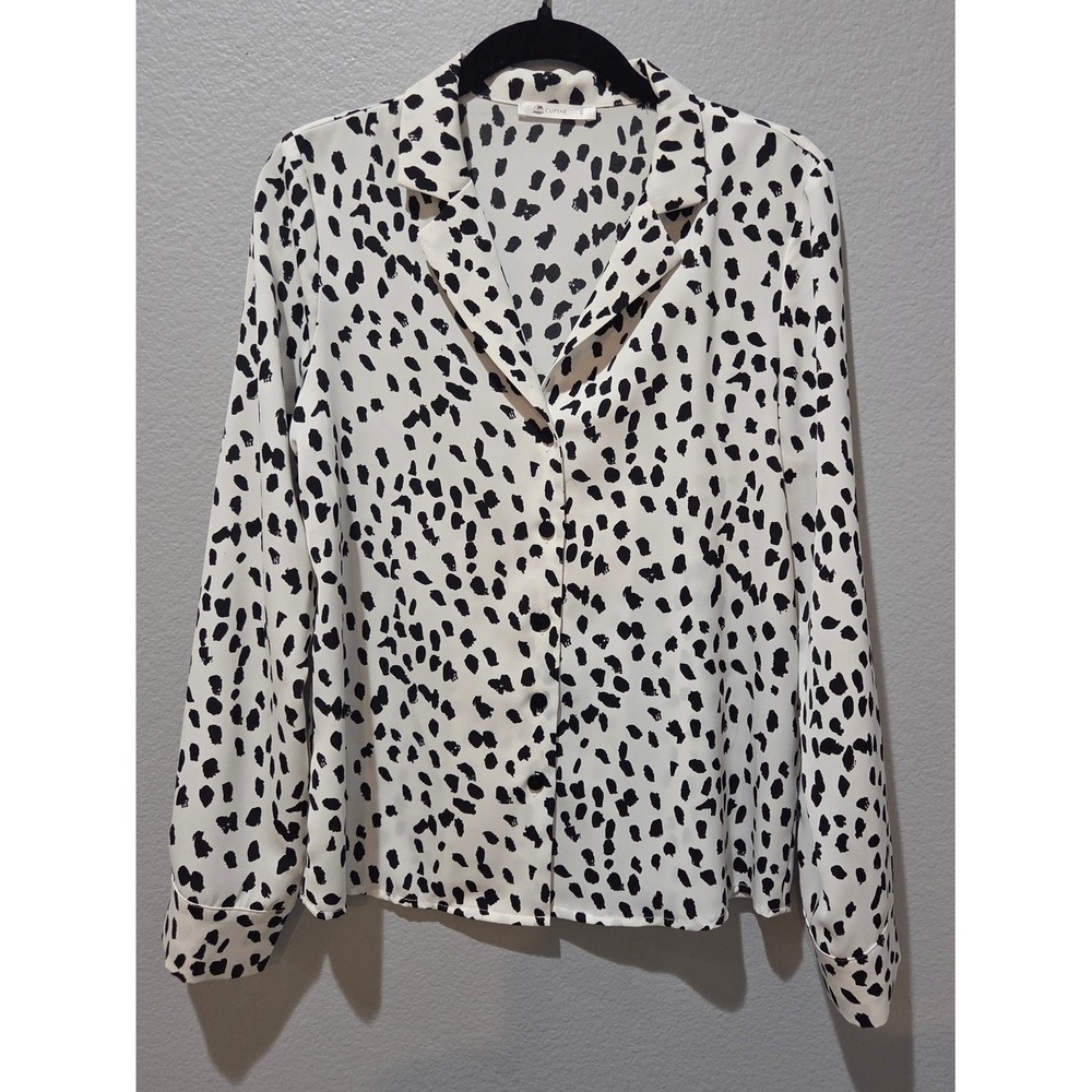 Cupshe Blouse Womens XS White Black Dalmatian Print Button Up Long Sleeve EXCL